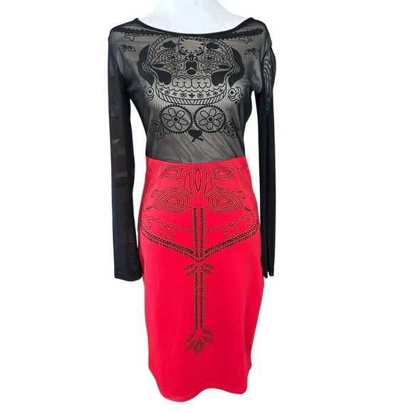 Goth Style Red & Black Skull Dress. Mesh Top Bodycon Sz M - Picture 1 of 7